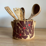 Red Groovy Flowers Utensil Crock