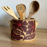 Red Groovy Flowers Utensil Crock